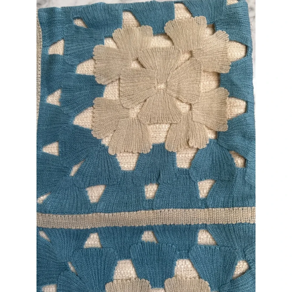 Pottery Barn Floral Crochet Teal Beige 18x18 Throw Pillow Cover Boho Coastal